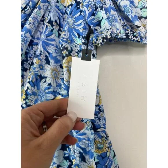NWT ASTR Santorini One Shoulder Puff Sleeve Blue Peach Floral‎ Midi Dress Sz: XS